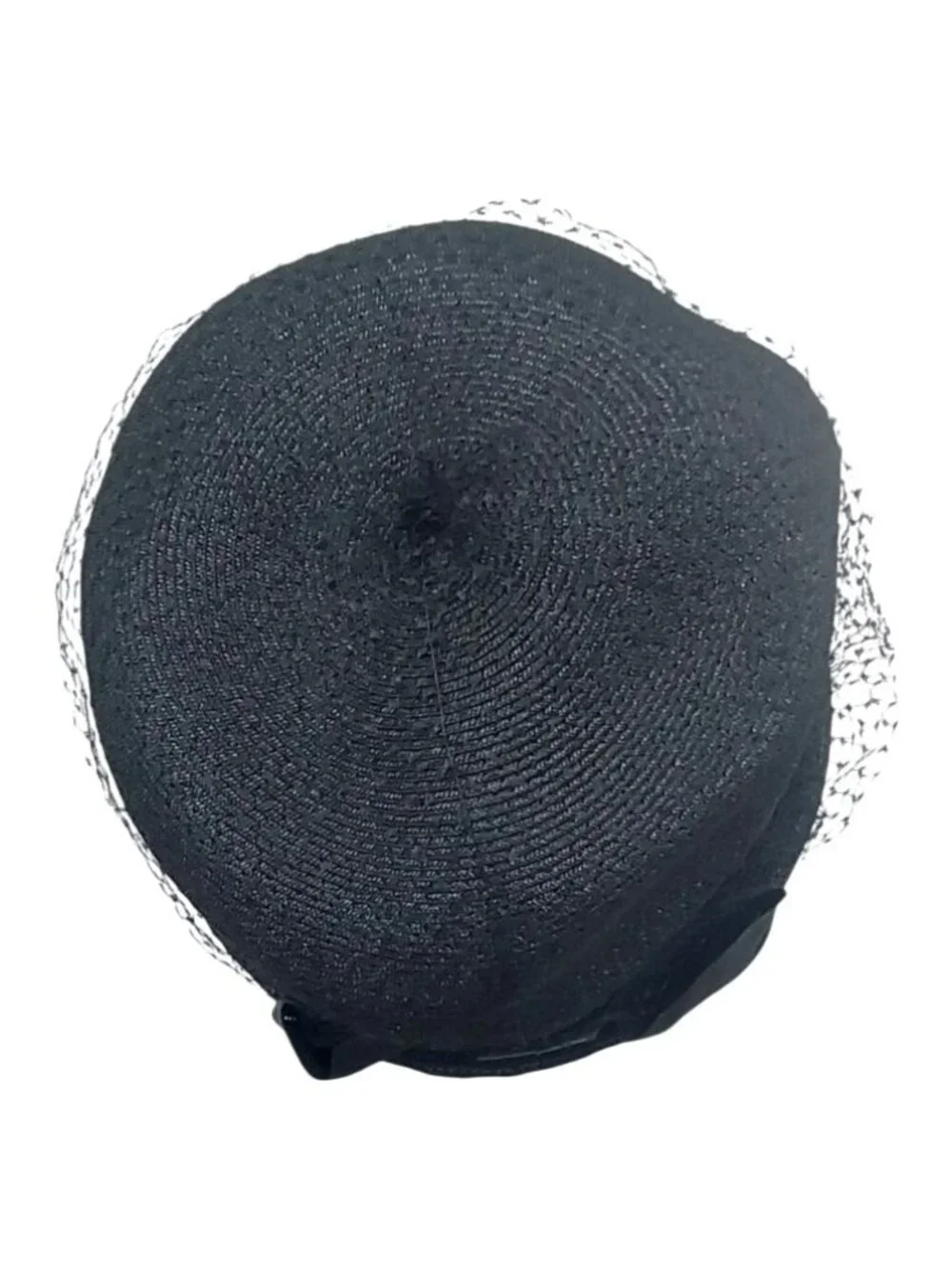 Black Cloche Hat Raffia Straw W/ Birdcage Netting & Bow Evelyn Varon Exclusive